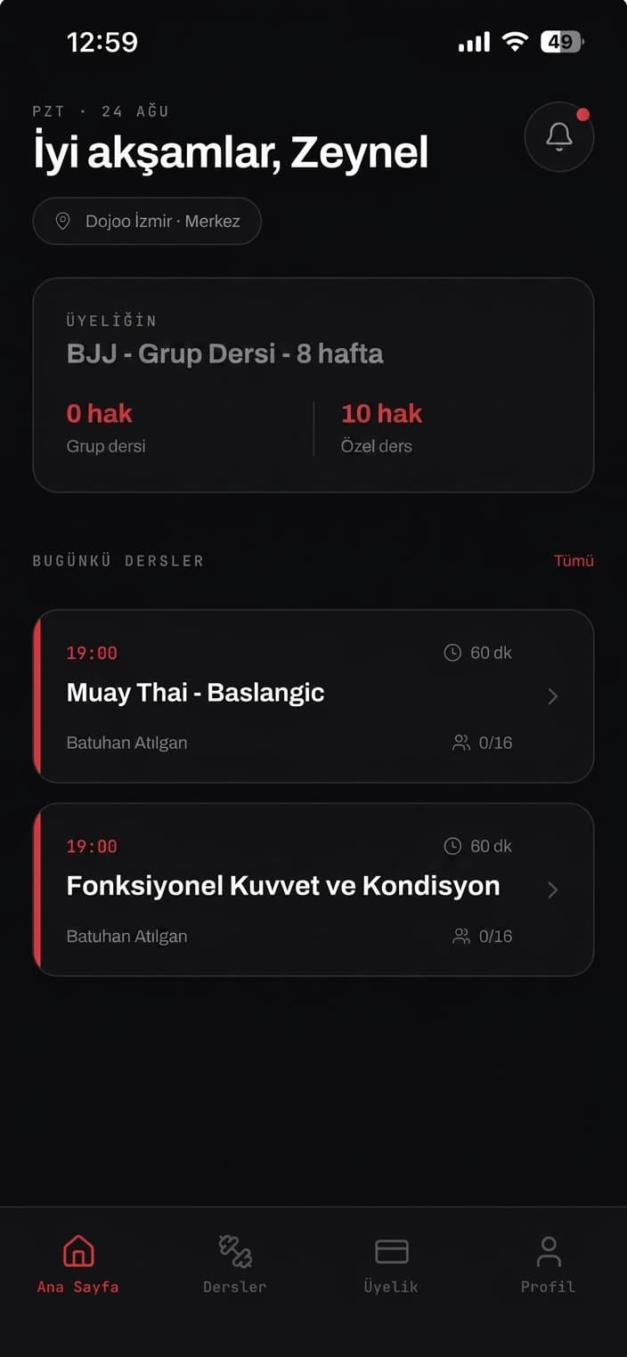 Dojoo üye ana ekranı